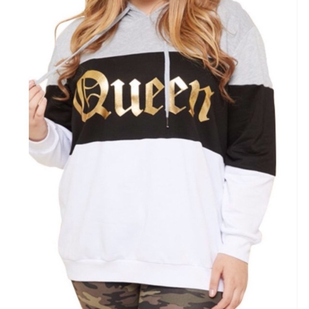 QUEEN Color Block Cotton Hoodie Plus Size